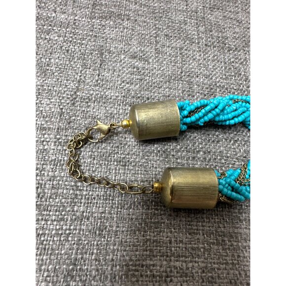 Turquoise & Gold Tone Braided Beaded Necklace w/ Brass Clasp Womens Fashion - Picture 3 of 4